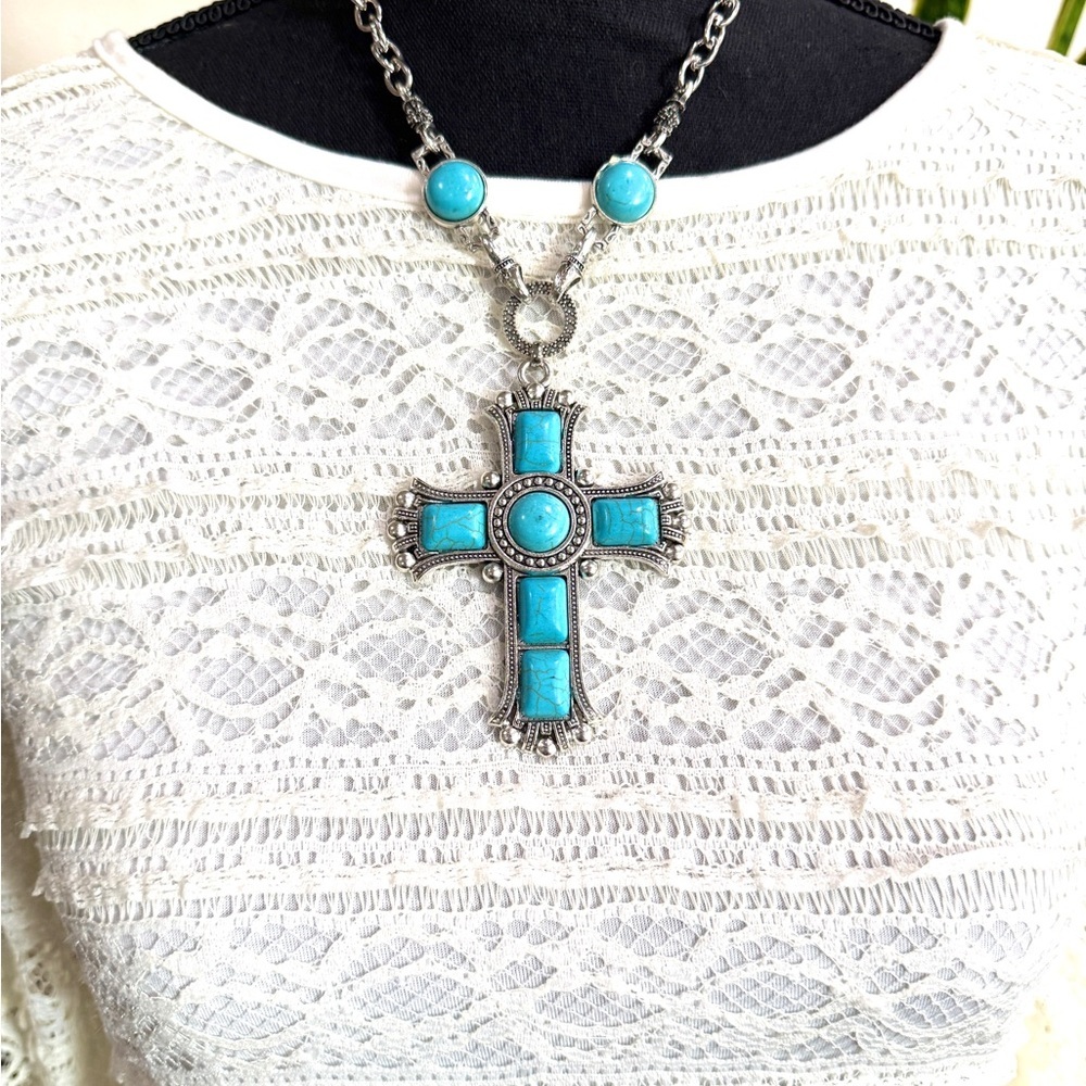 Turquoise and Silver Cross Pendant Necklace